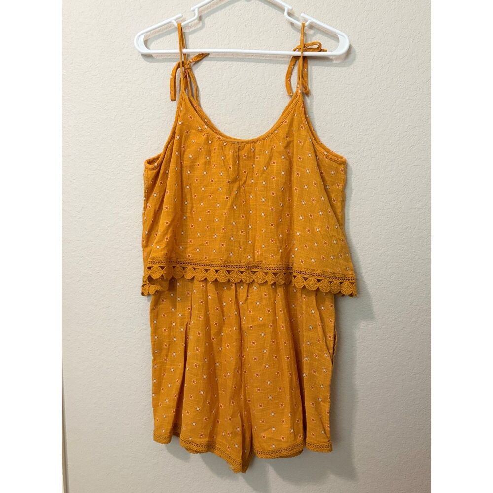 Aerie Mustard Floral Romper With Crochet Trim Size Large